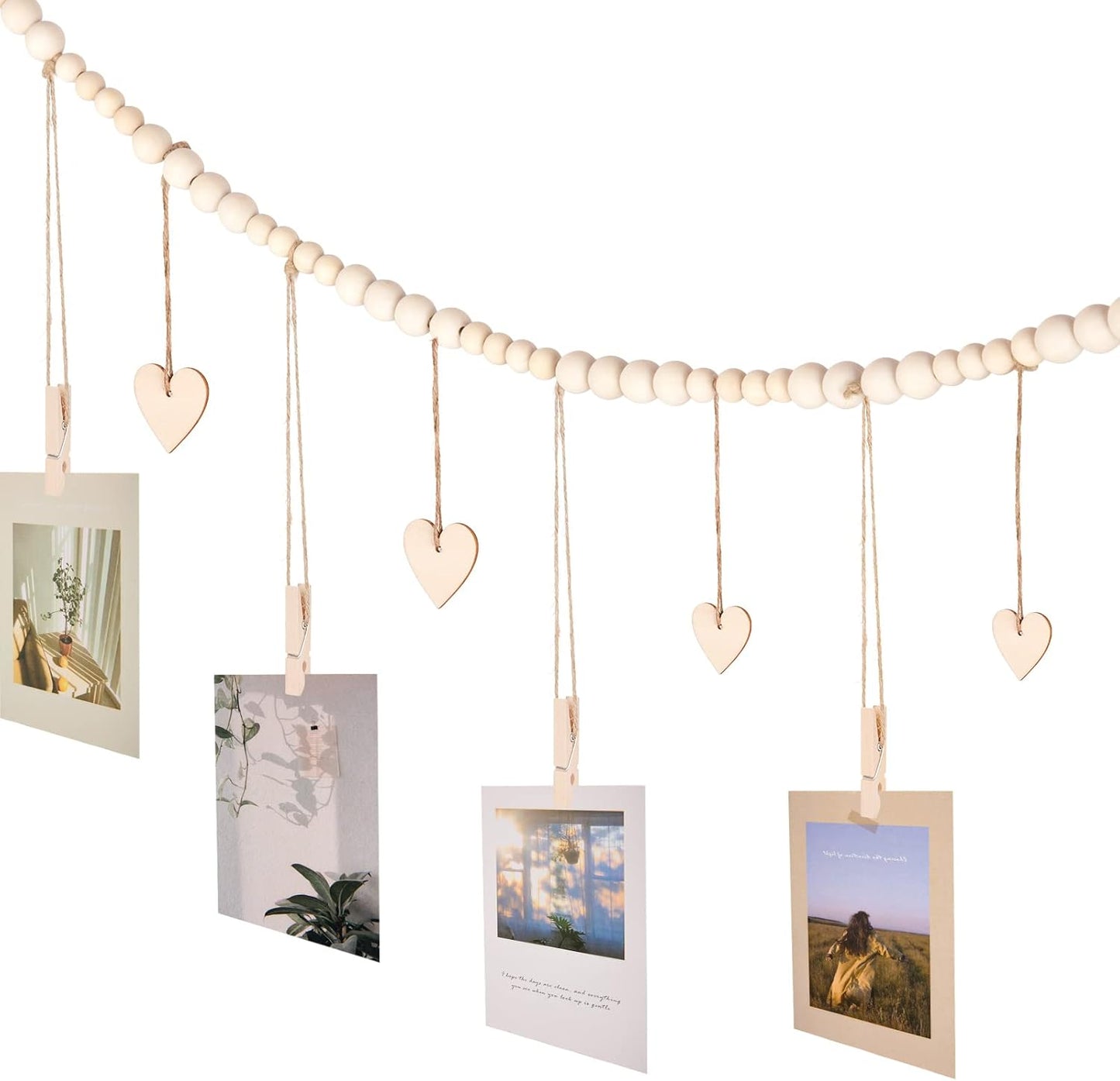 Hanging Photo Display Room Wall Decor, Boho Collage Picture Frame Christmas Cards Holder with 9 Wood Clips and 6 Wooden Hearts Tags, Xmas Card Display for Bedroom, Office, Nursery, Dorm Decor, 2 Pack