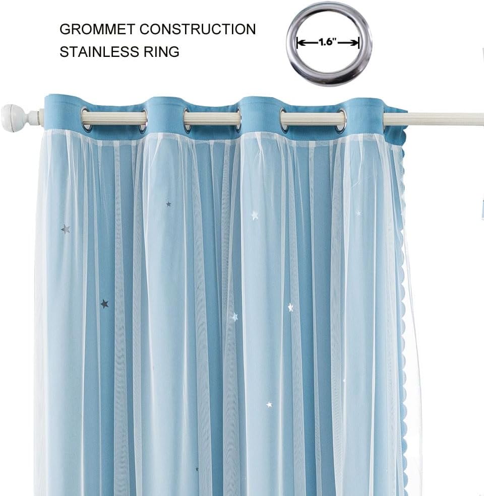 FANLI 2 Panels Star Blackout Curtains for Kid Girls Bedroom Living Room Darking Stripe Double Layer Star Cut Out Wall Home Decor Gradient Grommet Window Curtains (Blue 84L)