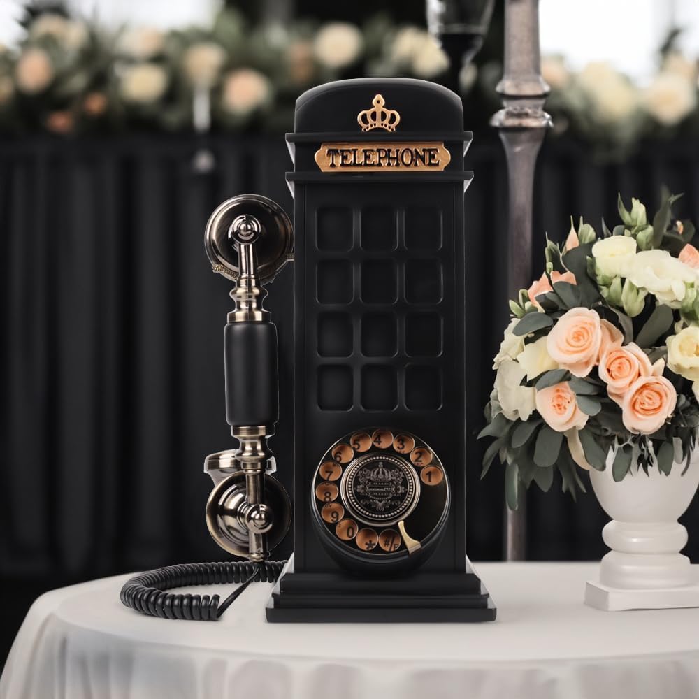 Audio Guest Book Wedding Phone with Vintage Phone Booth Design, Record Customized Audio Message Guest Book for Wedding, Party and Gathering, Black
