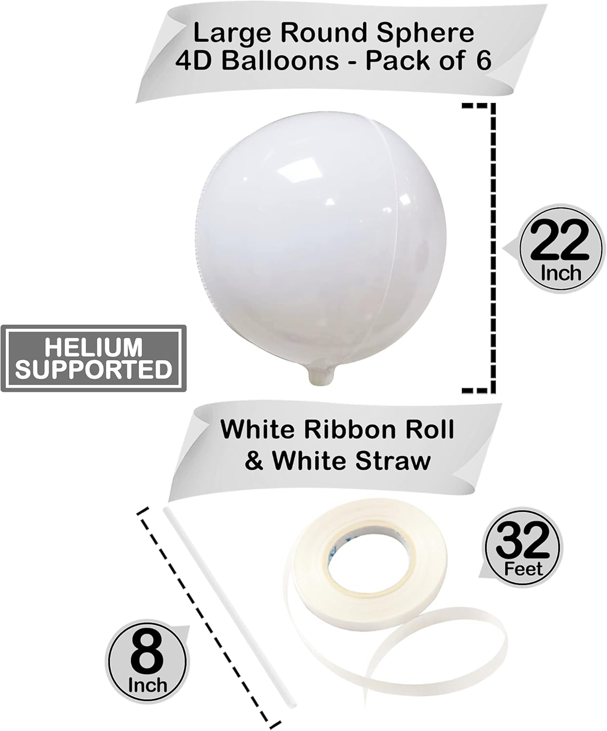 KatchOn, Round White Foil Balloons - 22 Inch, Pack of 6 | 4D Mylar White Balloons for Party Decorations | Metallic Balloon for Birthday, Anniversary, Bridal Shower, Baby Shower Decorations