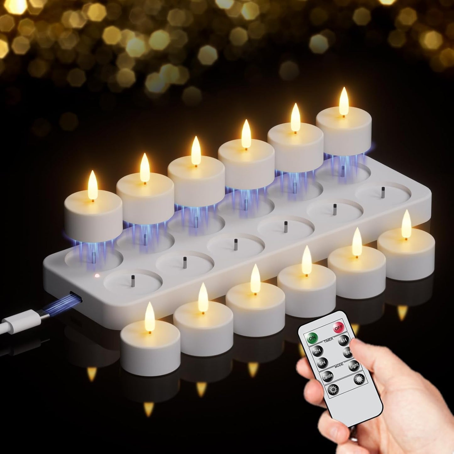 Rechargeable Tea Lights Candles Battery Operated, 12 Pcs White Battery Tea Lights with Remote and Charging Base, LED Flickering Tealights for Halloween Fall Christmas Decoration