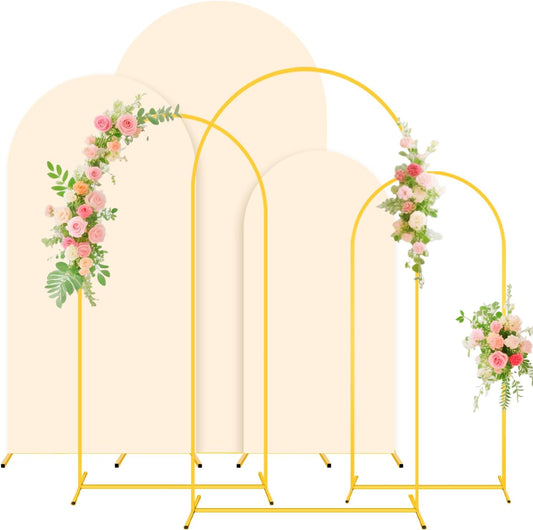 Wedding Arch Backdrop Stand and Beige Arch Cover Set of 3 (7.2FT, 6.6FT, 6FT) Metal Arch Stand Balloon Arched Frame Backdrop with Spandex Arch Stand Cover for Birthday Party Baby Shower Graduation