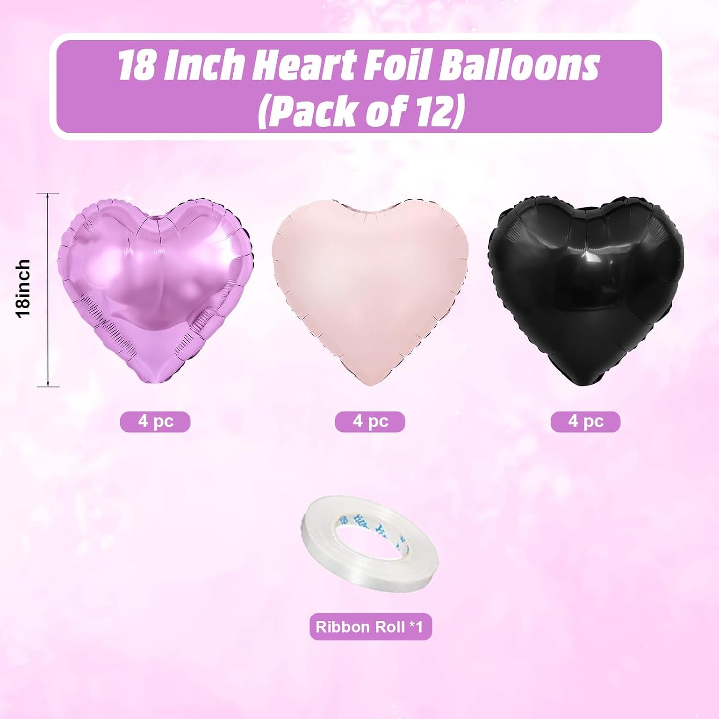 Purple Pink Black Heart Balloons, 18 Inch Baby Pink and Purple Black Heart Foil Shape Balloon, 12PCS Large Love Helium Balloons for Halloween Birthday Bridal Shower Wedding Anniversary Party Decor
