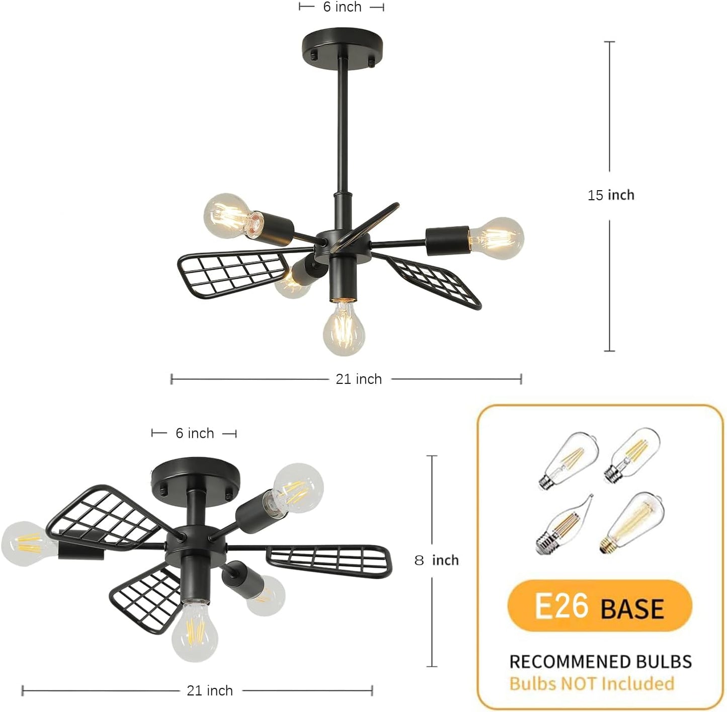 Modern Farmhouse Chandelier,21 Inch Black Metal Geometry Rustic Vintage Semi Flush Mounted Ceiling Light Fixture for Dining Room Bedroom Kitchen Island Hallway Foyer Entryway(4-Light)