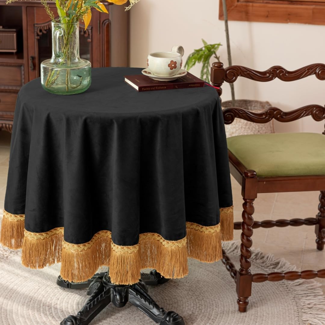 F-CHU Luxury Black Tablecloth Thickset Velvet Tablecloth with Beautiful Gold Tassels Vintage Table Cloth for Home Decor Wedding, Party, Banquet and Events 60" Round
