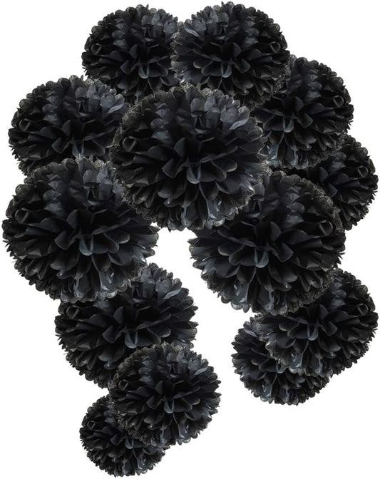 MOWO Black Paper Flower Tissue Pom Poms Party Supplies (Black,12pc)