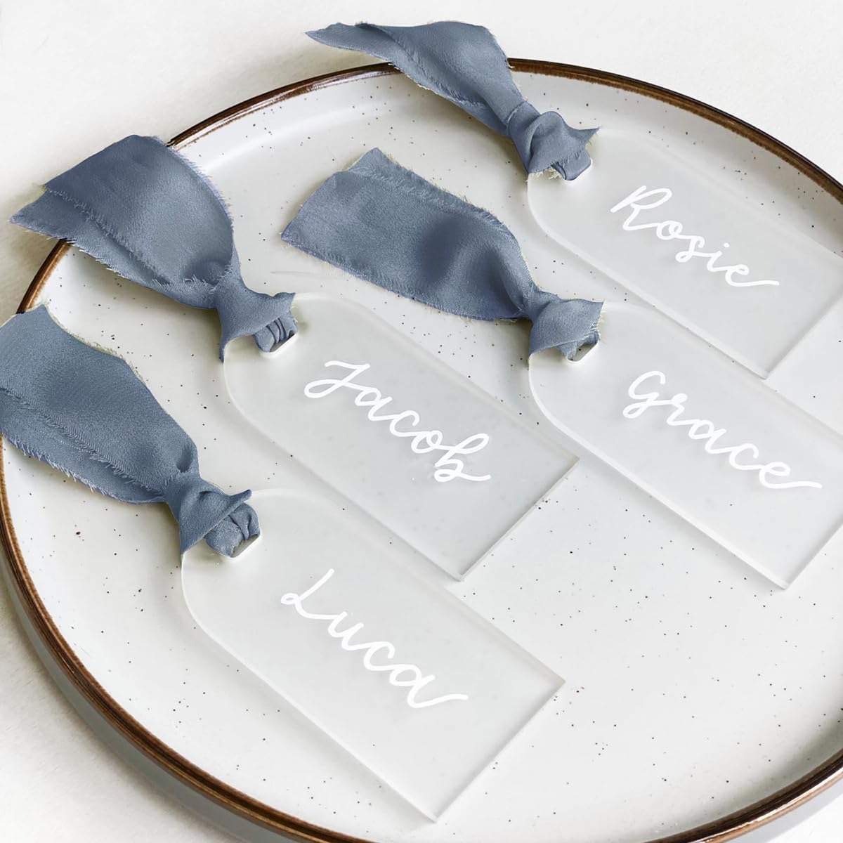 50Pcs Acrylic Place Card for Wedding Frosting Acrylic DIY Table Seating Cards Wedding Supplies with Blue Ribbon