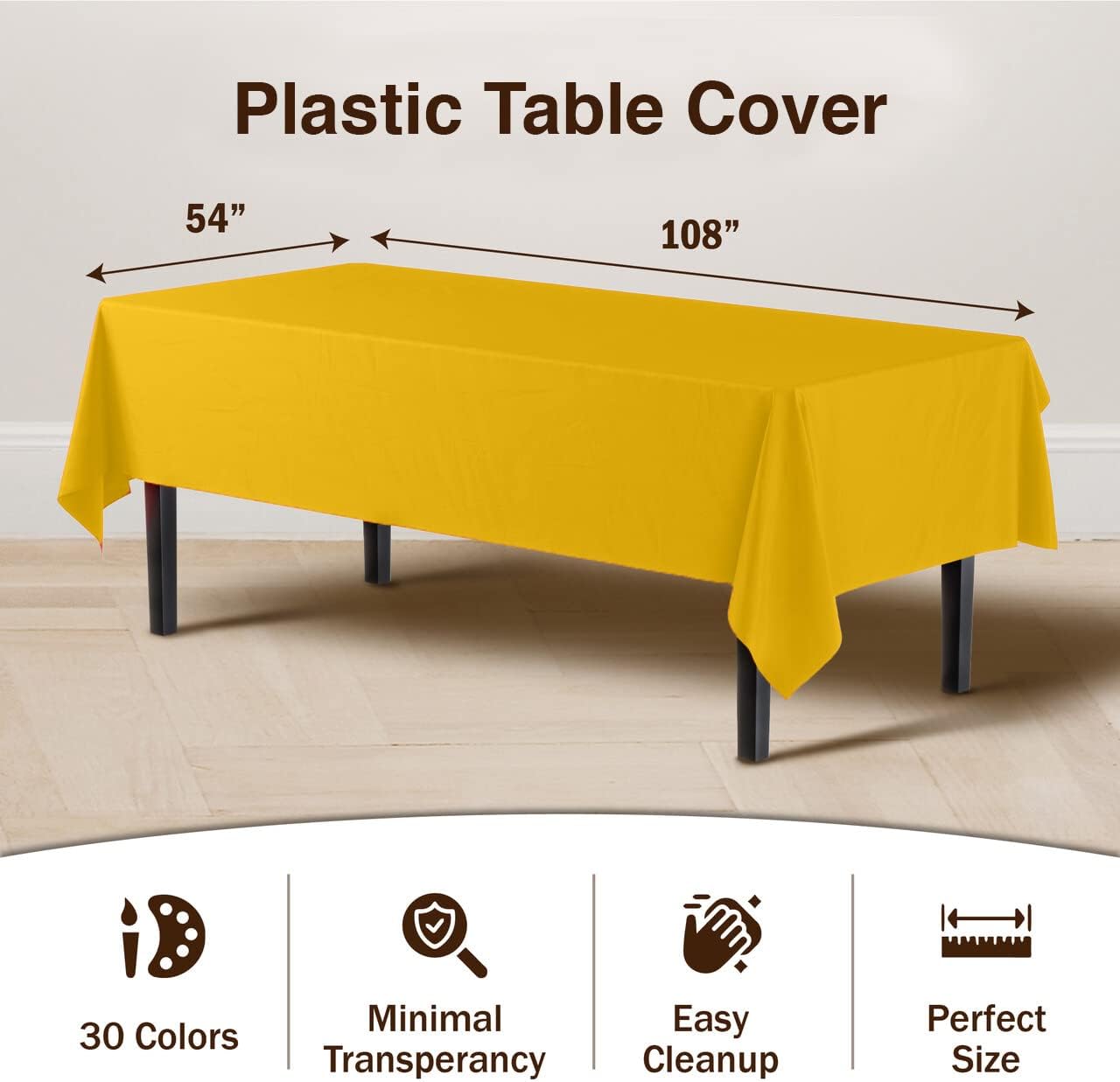 Exquisite 12-Pack Premium Plastic Tablecloth 54in. x 108in. Rectangle Table Cover - Yellow