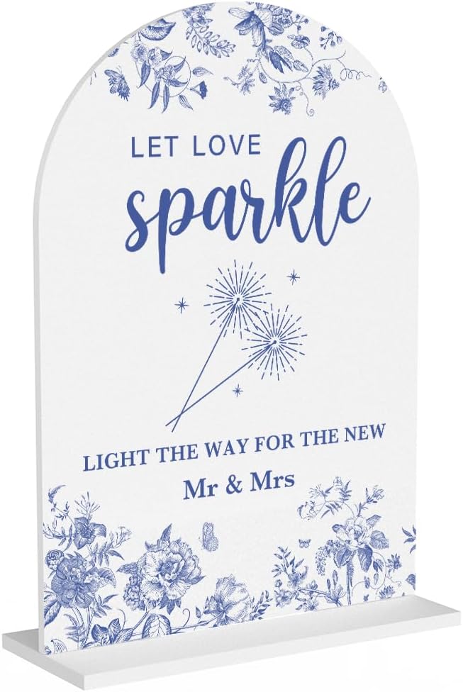 Acrylic Wedding Signs, Dusty Blue Wedding Decor, Blue Weddings Decor, Let Love Sparkle Signs for Reception, Modern Calligraphy Arch Acrylic Table Top Sign for Weddings Parties Dinners (White)