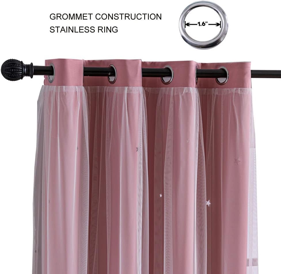FANLI 2 Panels Star Blackout Curtains for Kid Girls Bedroom Living Room Darking Stripe Double Layer Star Cut Out Wall Home Decor Gradient Grommet Window Curtains (Pink 63L)
