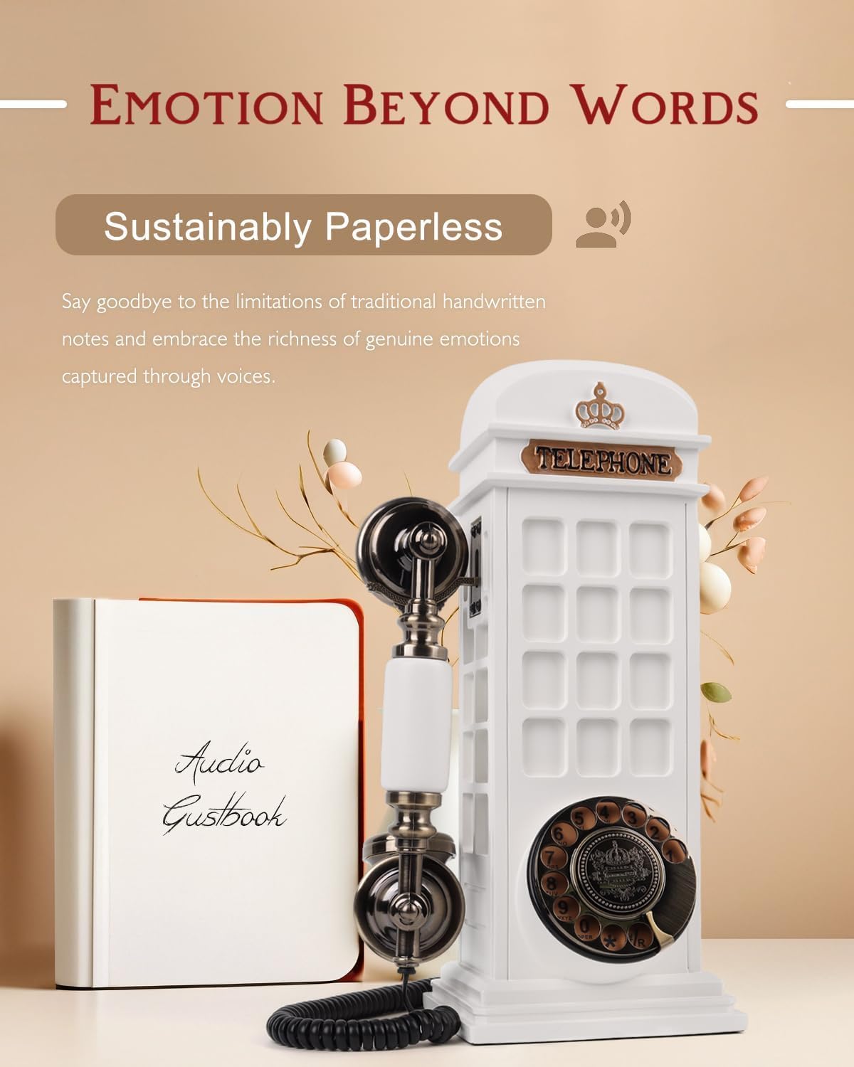 Audio Guest Book Wedding Phone, Record Customized Audio Message Guest Book for Wedding, Party and Gathering, Vintage Phone Booth Design， White