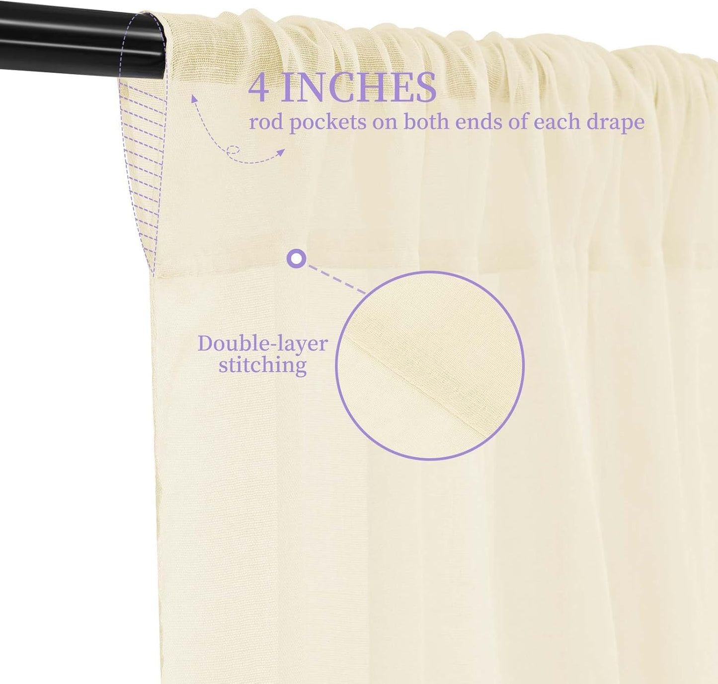 6 Panels Ivory Wedding Curtains - 5ftx30ft, Romantic Cheesecloth Sheer Drapes for Arch, Draping Fabric, Party & Ceremony Staging