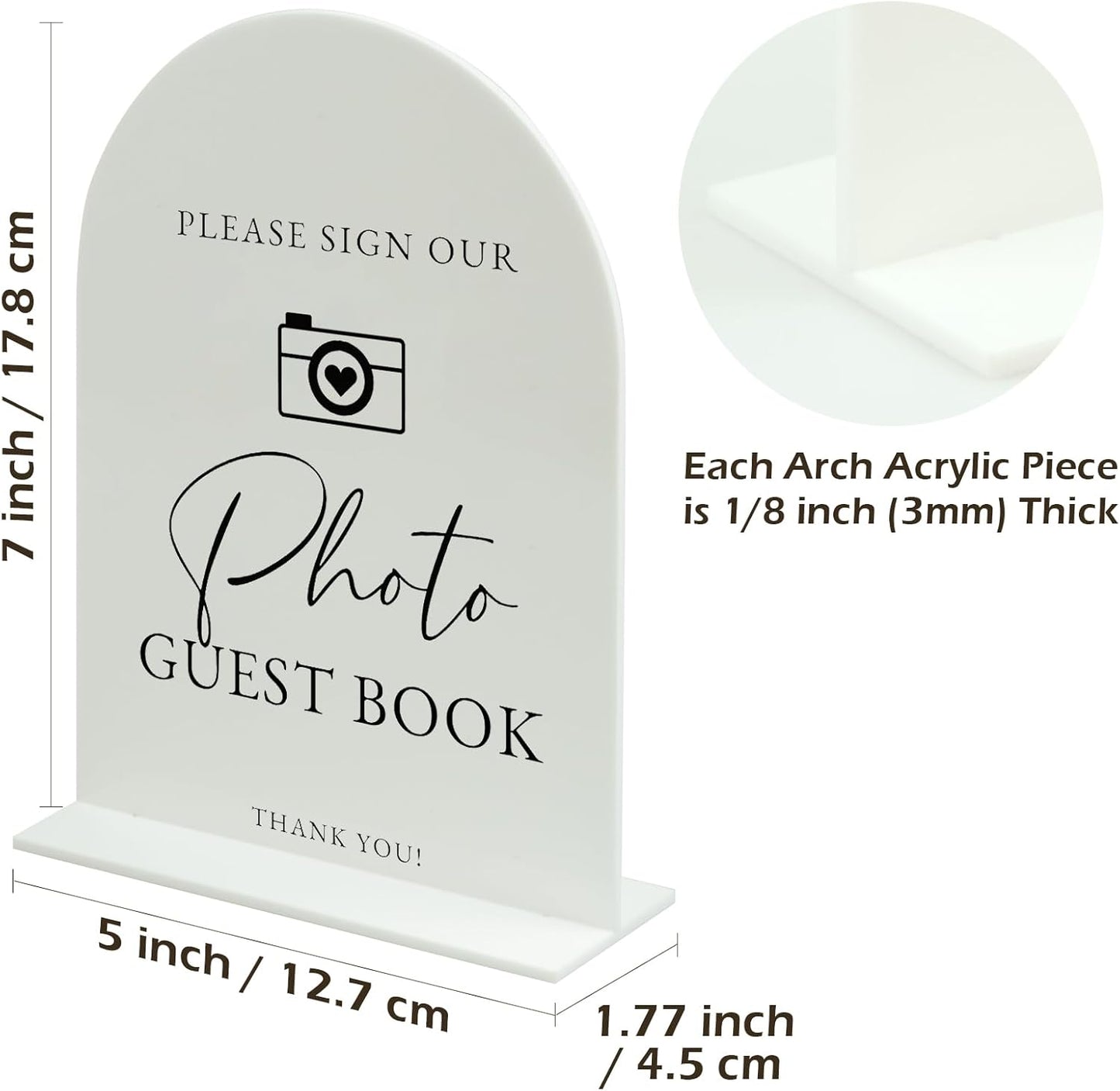 Acrylic Photo Guestbook with Stand- 5"x7" White Arched Wedding Sign and Base,1/8" Thick | Modern Calligraphy Black Lettering Arch Acrylic Sign for Wedding Reception & Party(5x7Inch, White)