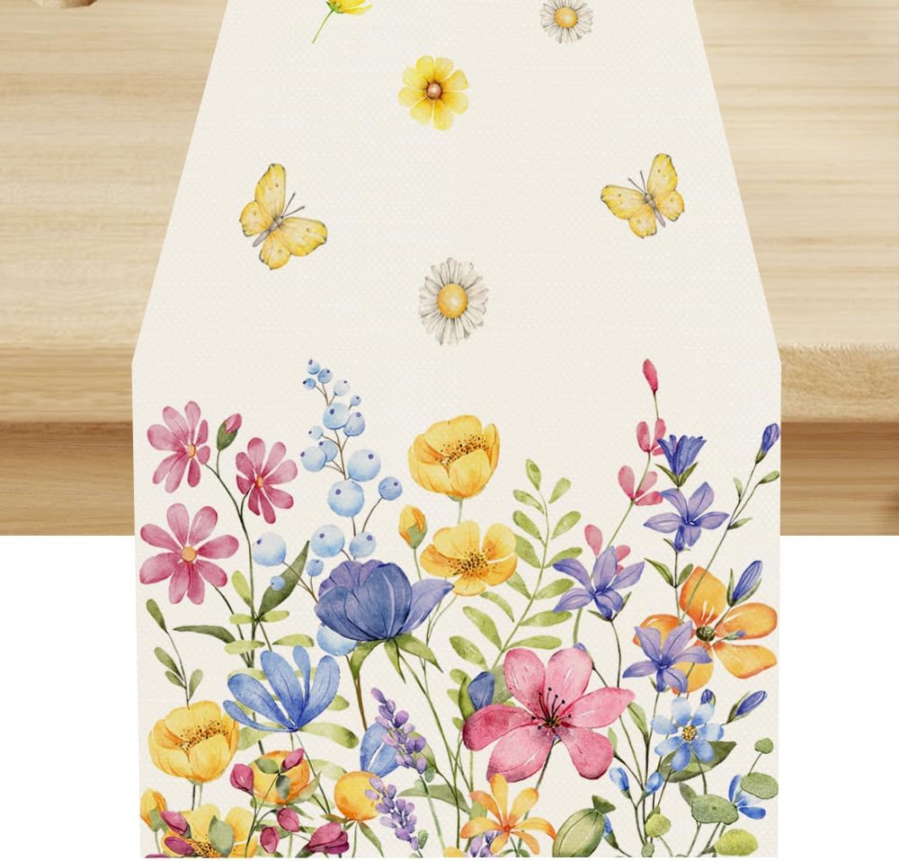 Flower Table Runner, Colorful Watercolor Pink Flower Plants Nature Butterfly Table Runner for Kitchen Dinner Living Room Home Party, 13x60 Inch