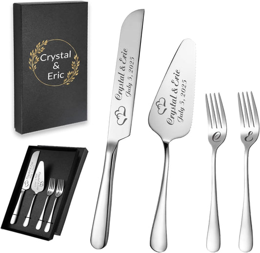 Personalized Wedding Cake Knife and Server Set, Custom Names Cake Cutting Set with Stainless Steel Forks, Customized Bridal Anniversary Birthday Wedding Registry Gifts (Silver)
