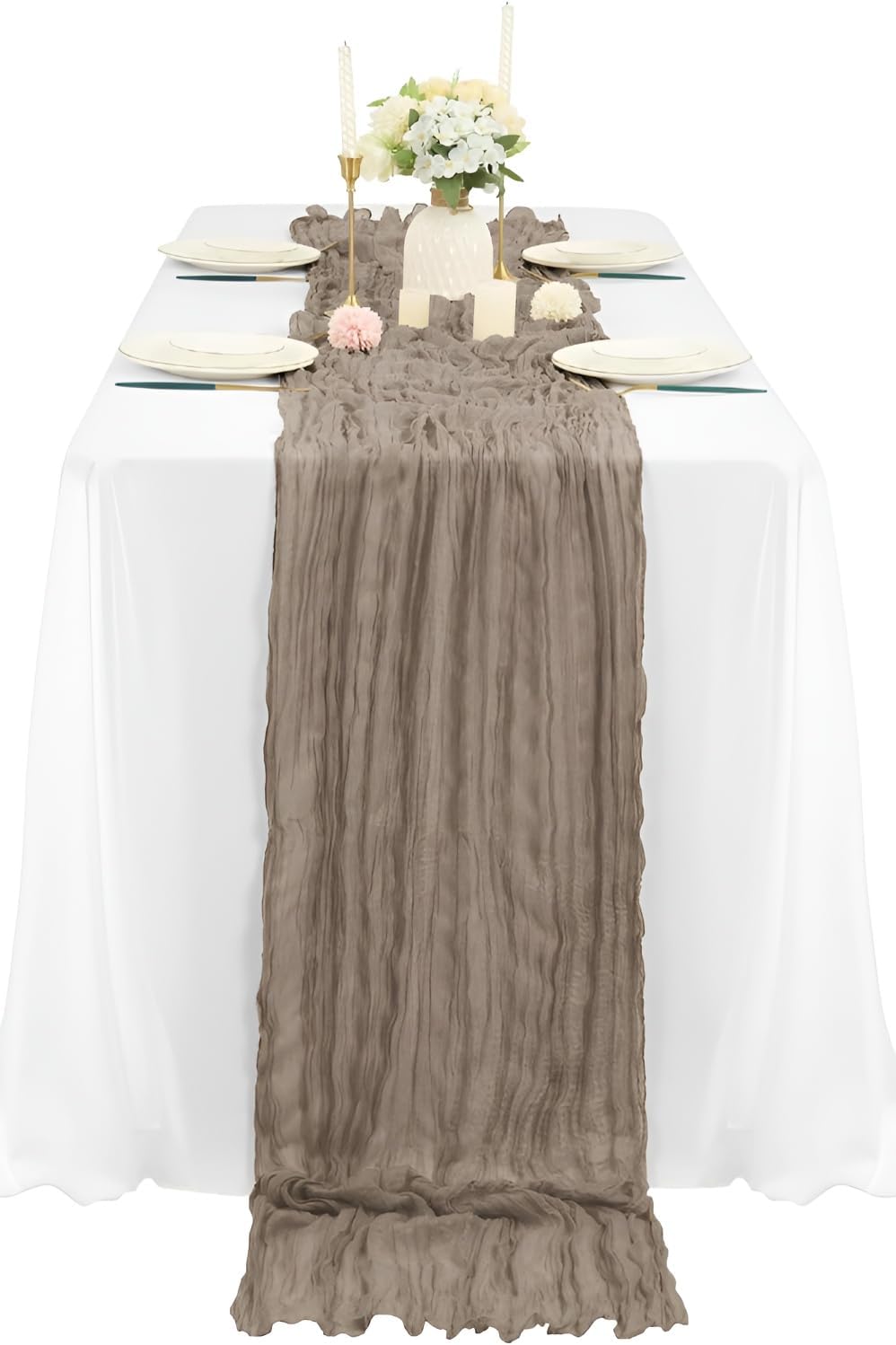 12Pcs Khaki Cheesecloth Table Runner 120 Inch10FT Nude Rustic Boho Cheesecloth Table Runnerfor Wedding Party Baby Shower Birthday Home Decor Holiday Decorations