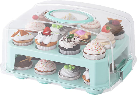 Cupcake Carrier 24 Count, Green Cupcake Holder, Cupcake Container with Lid and Handles, Muffin Traveler Two Tier Stand Reusable Cupcake Box