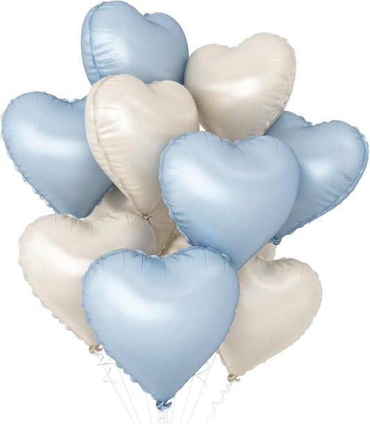 Baby Blue Heart Balloons,10Pcs Cream White Blue Foil Heart Shaped Balloons,18Inch Sand White Pastel Blue Helium Balloon for Valentines,Engagement,Birthday,Baby Shower,Wedding Party Decorations