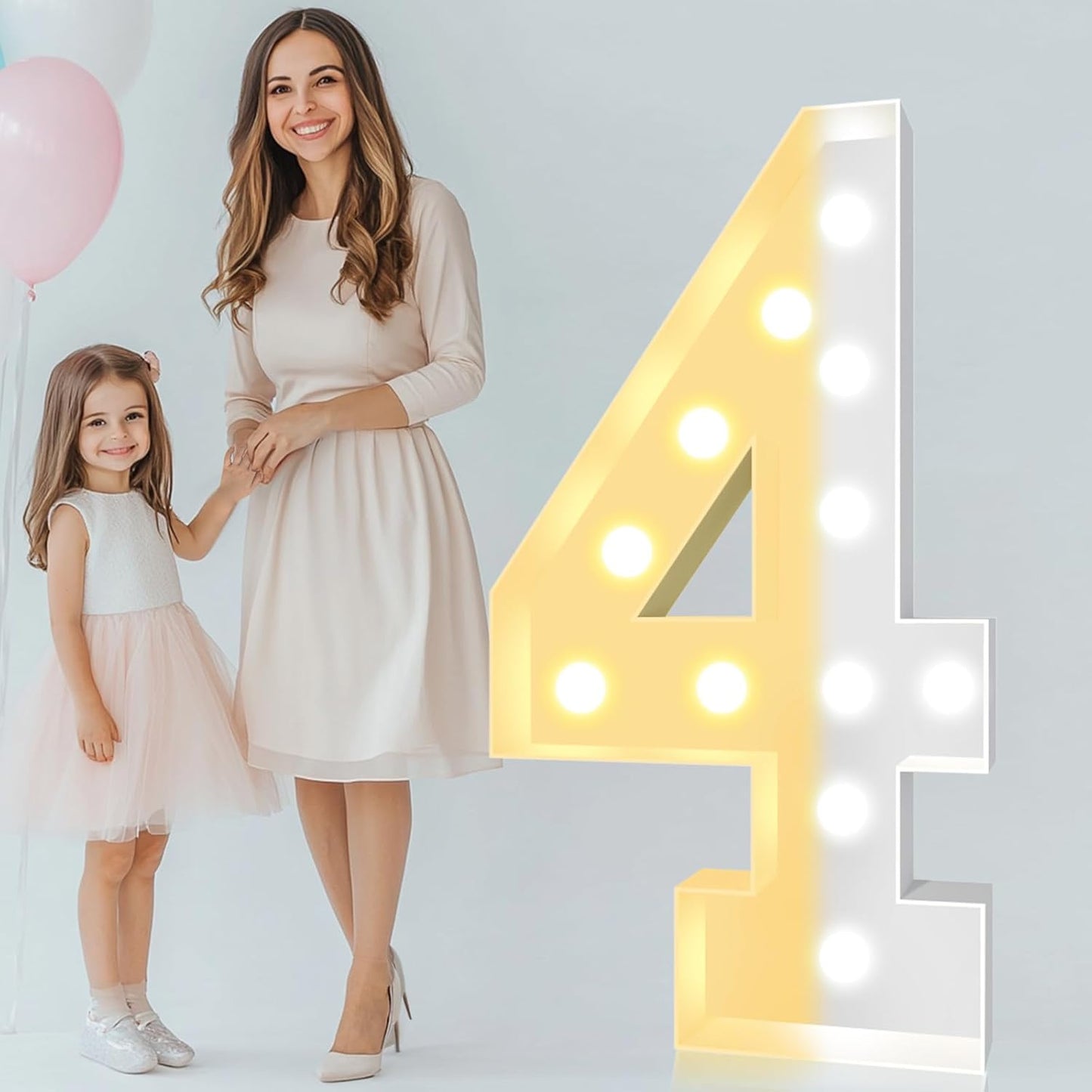 Pooqla 4 FT Light Up Marquee Numbers, Giant Mosaic Light Up Numbers Cool White and Warm White LED, Large Lighted Marquee Numbers for Balloons 4th 14th 40th Birthday Party Decoration, LED Number 4