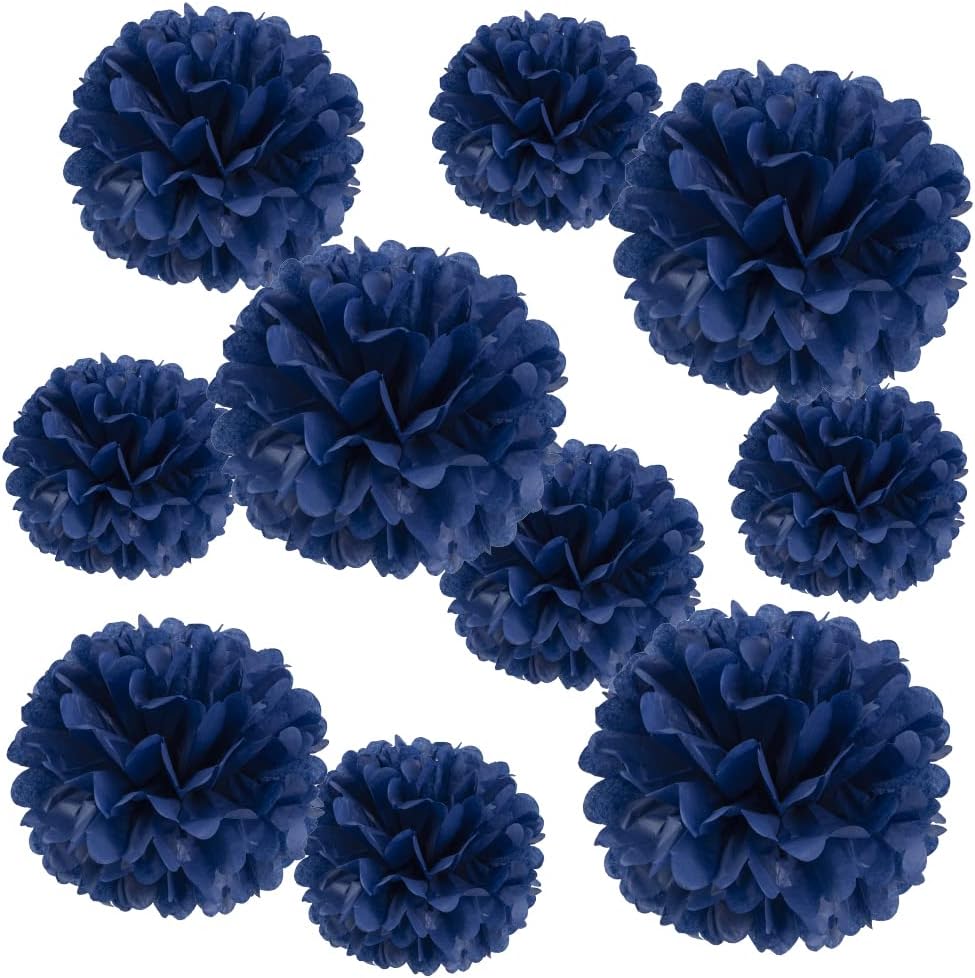 10 Pcs Paper Pom Poms Flowers for Wedding, Birthday Party, Baby Shower, Nursery Decor, Bachelorette Party Hanging Decor, Easy Joy (10 inch, Navy Blue)