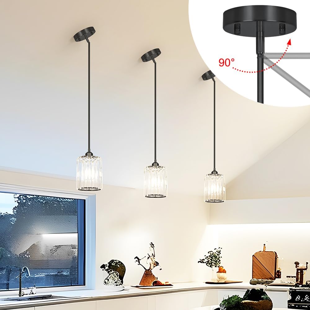 Black Kitchen Pendant Lights Over Island with Adjustable Rods - Crystal Pendant Lighting Fixtures 3 Pack, Ideal Over Dining Table or Bar, E26 Bulb Compatible, No Electrician Needed