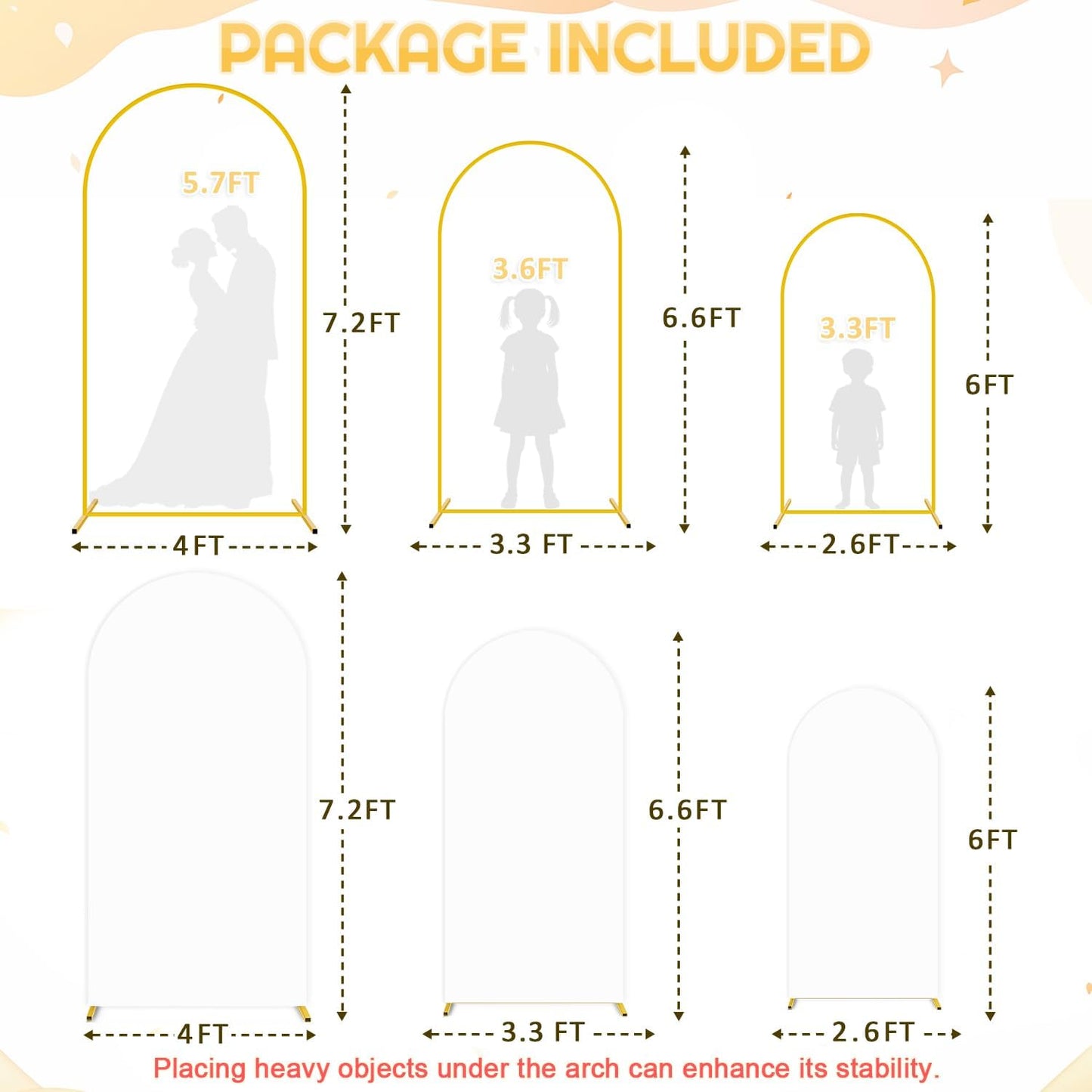 7.2FT,6.6FT,6FT Arch Backdrop Stand and Cover Set of 3 White Spandex Fitted Backdrop Cover Wedding Party Balloon Arch Stands Metal Arched Frame with Arch Covers for Birthday Baby Shower Ceremony Decor