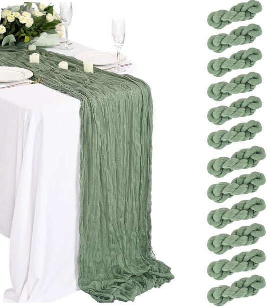 12Pcs Sage Green Cheesecloth Table Runner 120 Inch Green Cheesecloth Table Runner10FT Sage Table Runner Boho CheeseClothTable Runner forWedding Party Baby Shower Birthday Home Decor HolidayDecorations