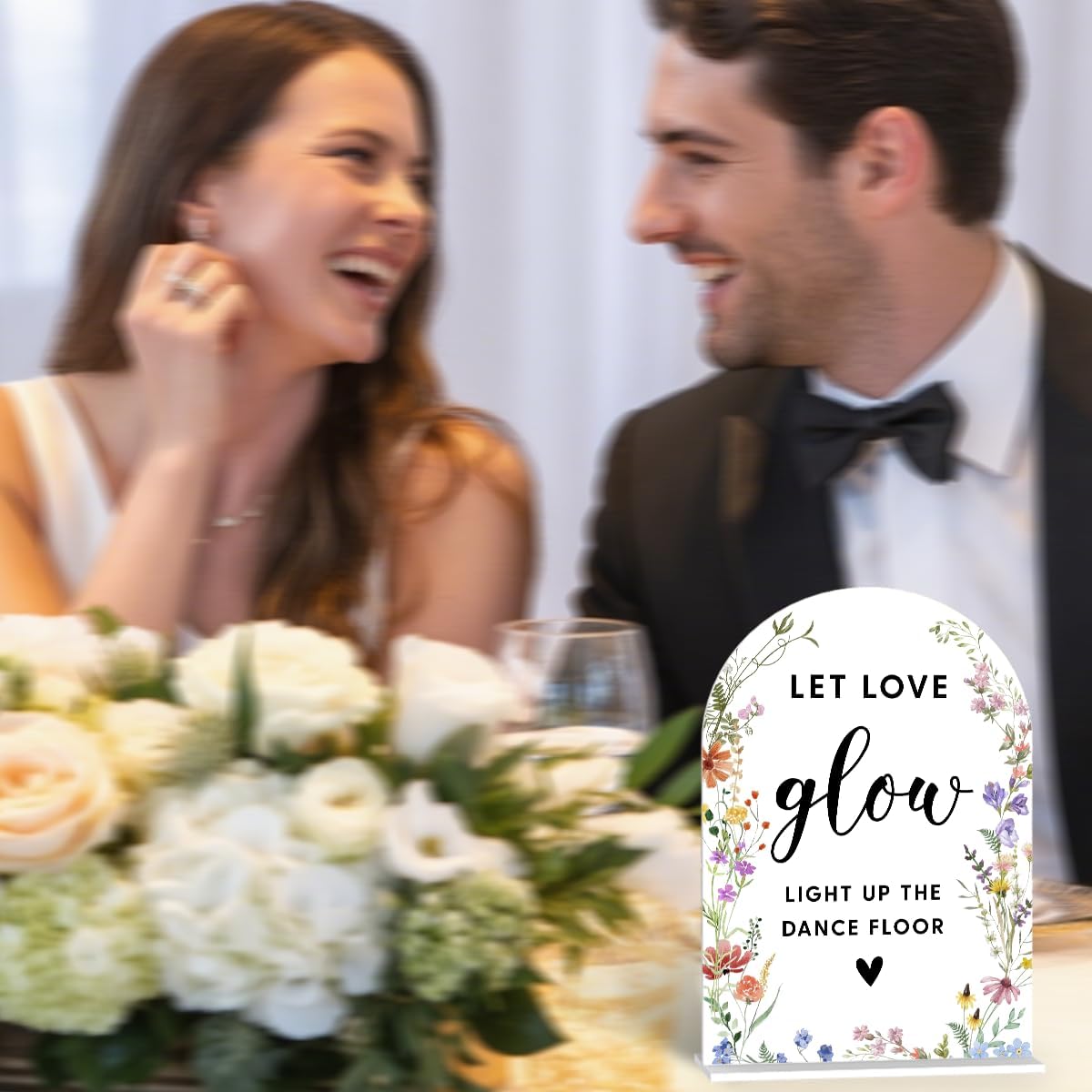 Acrylic Wedding Signs, Let Love Glow Signs for Marriage Reception, Bridal Shower Decorations, Modern Arched Round Top Acrylic Table Top Sign with Holder for Wedding Party Dinner (White Wildflowers)
