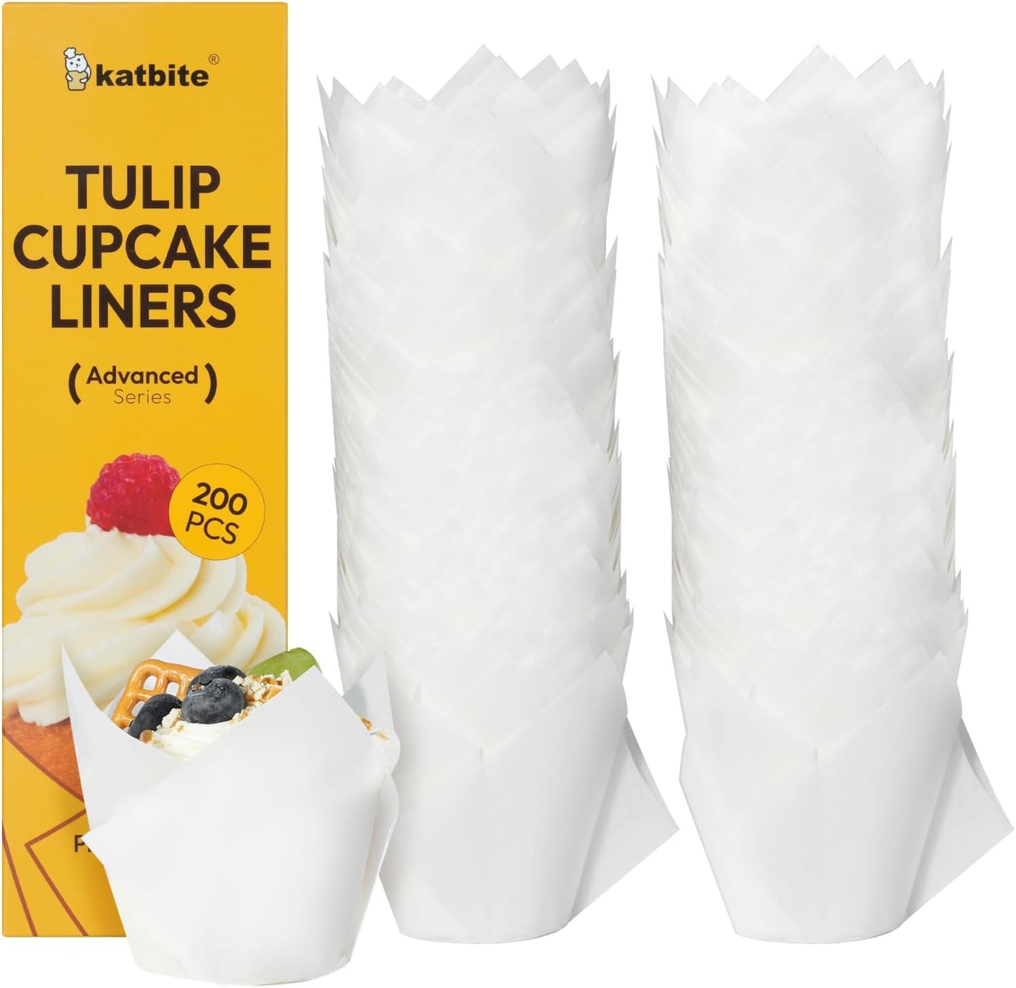 Katbite Tulip Cupcake Liners 200PCS, Muffin Baking Cups ProSmooth White