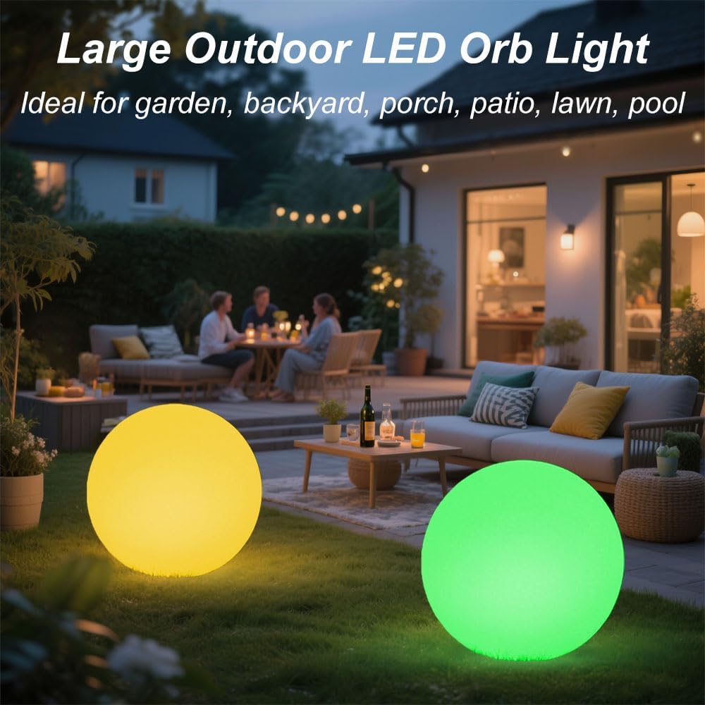 Large LED Glowing Ball Light, 20-in Outdoor LED Garden Orb Lights, Rechargeable Globe Lights RGB Color Changing Globe Floor Lamp Mood Lamp w/Remote, Waterproof Light Up Ball Light for Patio Lawn Decor
