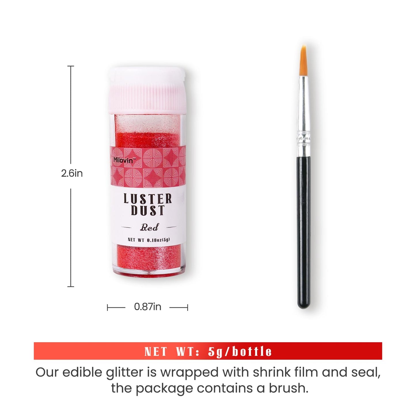 Red Edible Glitter for Drink, 5g Red Luster Dust Edible for Cake Decorating, Edible Glitter for Cocktails, Baking, Chocolate, Cookies, and Strawberries (0.18oz, red)