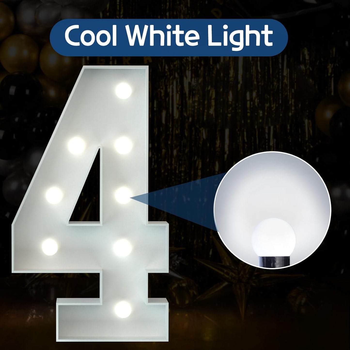 Marquee Numbers 3 Feet Tall Big Light Up Numbers 4 Year Old 14th 40th Birthday Decorations Girl Boy Women Men White Anniversary Party Decor Large Cardboard Prop Backdrop Sign 4