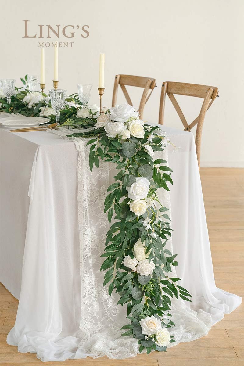 Ling's Moment Flower Garland - 6FT Eucalyptus & Rose - Sweetheart Table Decor for Wedding Reception, Artificial Floral Garland for Mantle, Spring Garden Ceremony, Christmas Decoration, Ivory White
