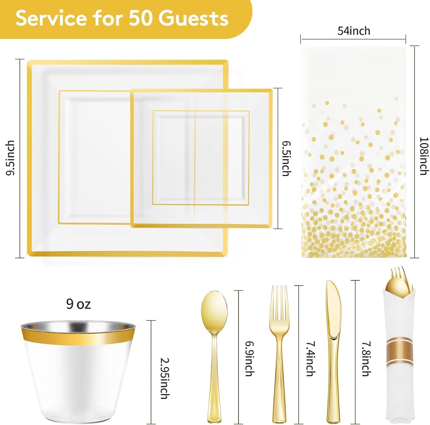 Goodluck 352-Piece Clear Plastic Dinnerware Set for 50 Guests, Includes: 100 Clear Square Plates with Gold Trim, 50 Rolled Napkins, 50 Cups, 50 Cutlery Set and 2 Tablecloths