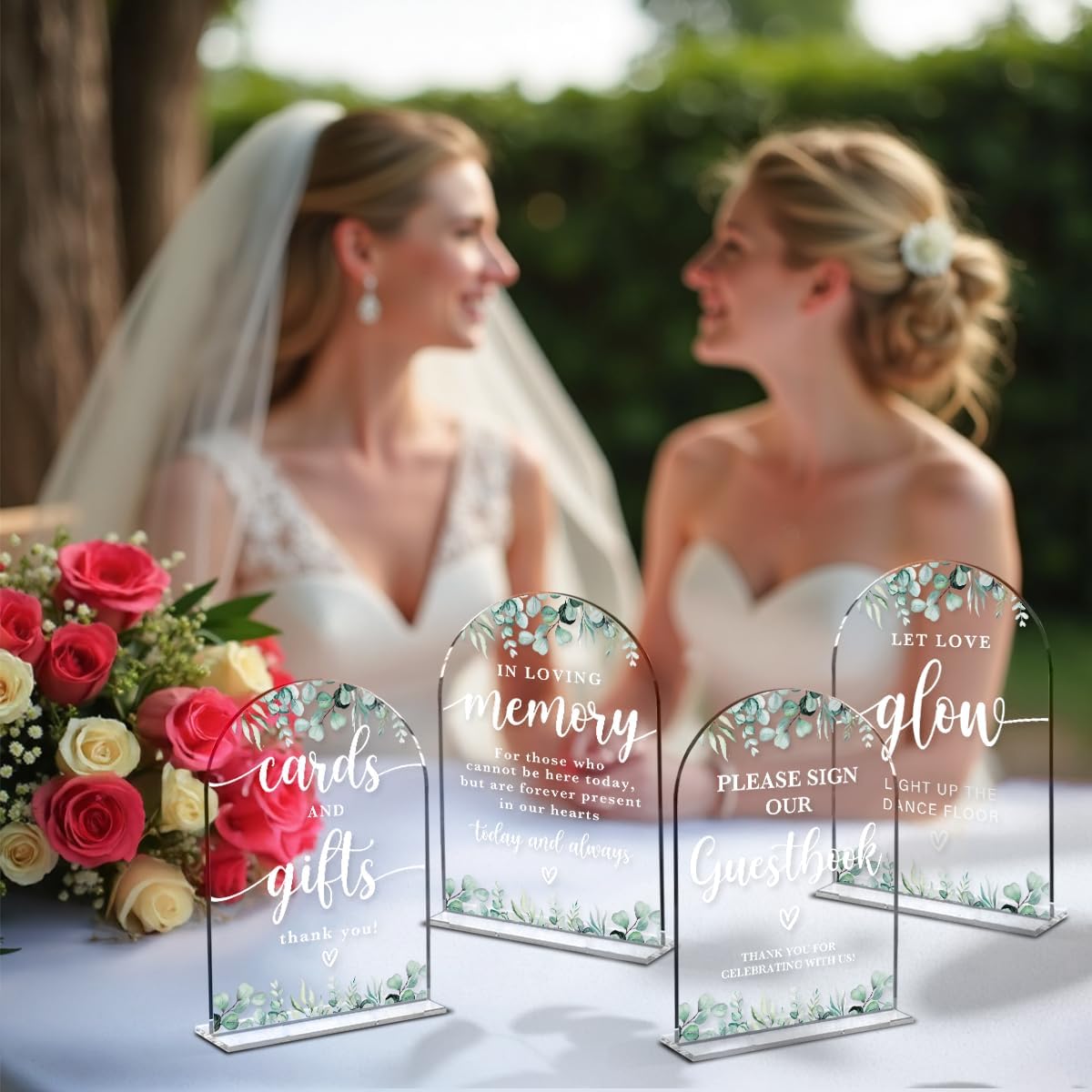 4 Pcs Acrylic Wedding Signs for Reception, Bridal Shower Decorations, Cards and Gifts Signs, Guest Book Sign, Arch Acrylic Table Top Sign with Holder for Wedding Reception (Clear Eucalyptus Leaves)