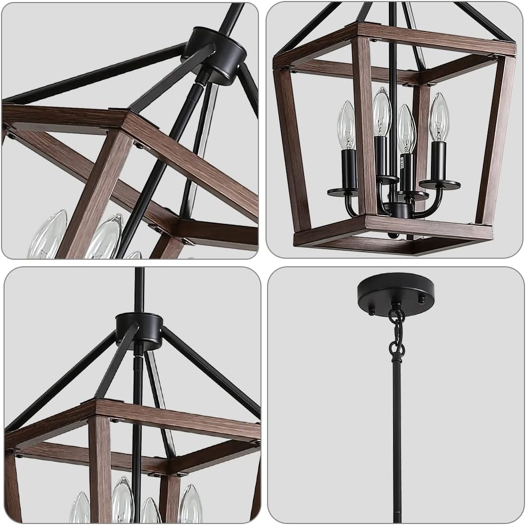 Farmhouse orb Metal Chandelier，4-Light Vintage Handmade Rustic Wood Pendant Hanging Light Fixture for Kitchen Island Dining Room Living Room Bedroom Foyer Hallway