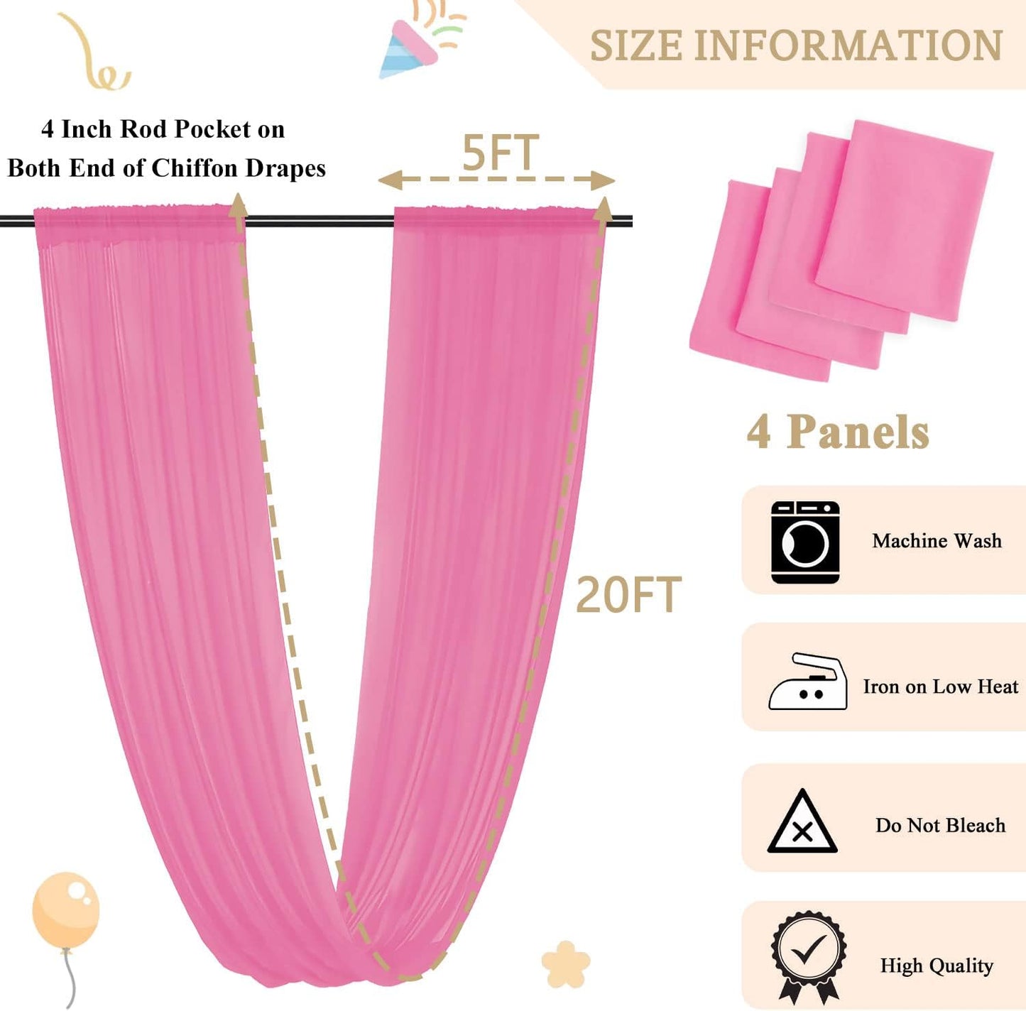 MODFUNS 4 Panels Pink Ceiling Drapes for Weddings 5x20FT Wedding Arch Draping Fabric Sheer Chiffon Curtains for Backdrop Wedding Ceiling Curtain Chiffon Fabric Drapery Wedding Stage Hall Ceiling Decor