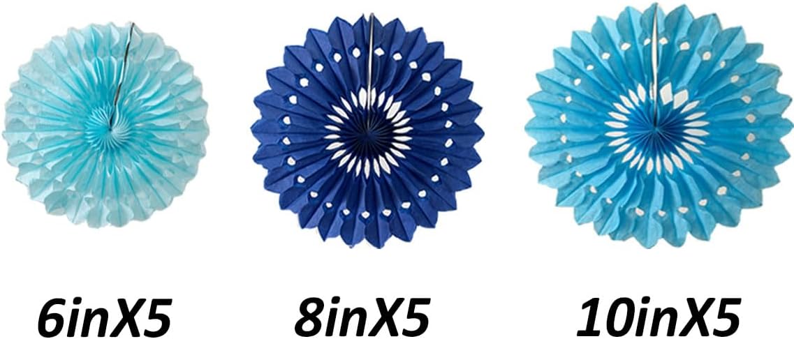 15pcs 6'' 8'' 10'' Paper Fans Set - Blue Tissue Paper Fans Decor for Party, Birthday, Wedding Events
