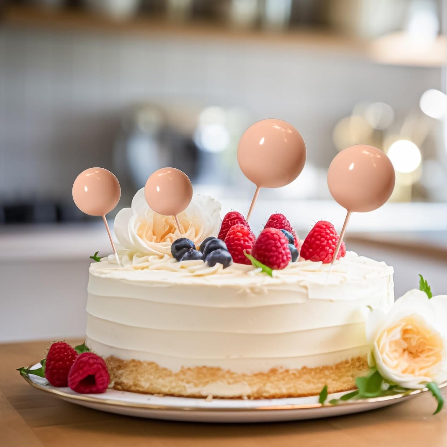 ASTARON 20 Pcs Ball Cake Topper Decorations Mini Balloons Cake Topper Sticks Light Brown Balls Cake Picks Cake Topper Balls Cake Decorations for Wedding Birthday Cake Decorations