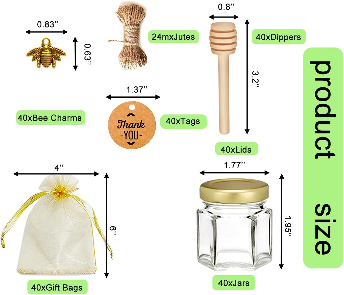 Adabocute Mini Honey Jars - Honey Pot With Honey Dipper, Bee Pendants, Jutes, Tags and Gold Organza Bags - Perfect For Baby Shower Favors, Party Favors and Wedding Favors, 40 Pack 1.5oz