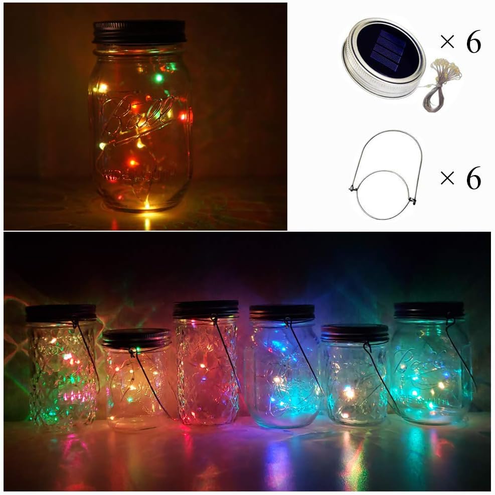 Solar Mason Jar Lights, 6 Pack 10 LED Jar Lid String Lights with 6 Hangers(No Jars), Waterproof Fairy Firefly Light for Garden, Patio, Outdoor, Yard, Lawn Decor(5 Colors)