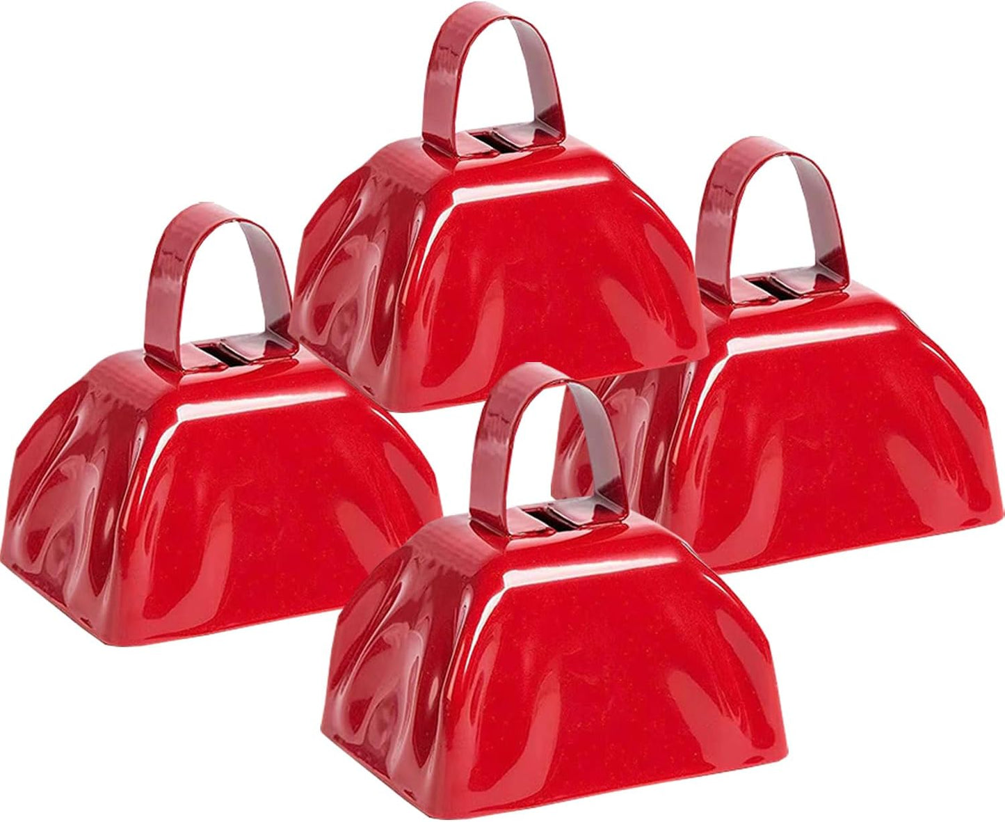 Metal Cow Bell Noise Maker - 3 Inch Pack of 4 - Small Loud Metal Cowbell Noisemaker with Handle - Great for Football Games, Sporting Events, Weddings, New Year's Eve, Birthday Parties