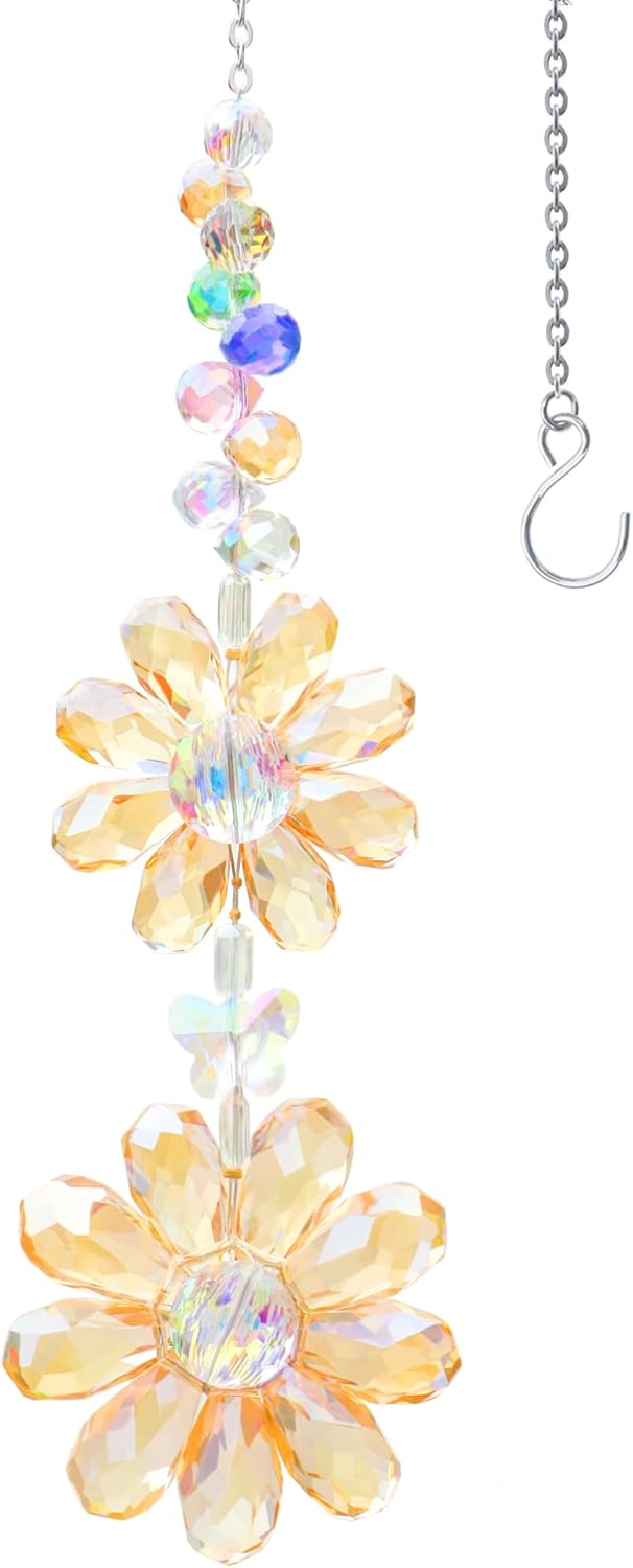 Crystal Flower Suncatcher Hanging Ornament, Rainbow Maker Window Sun Catcher Indoor Outdoor Patio Garden Decor (Gold)
