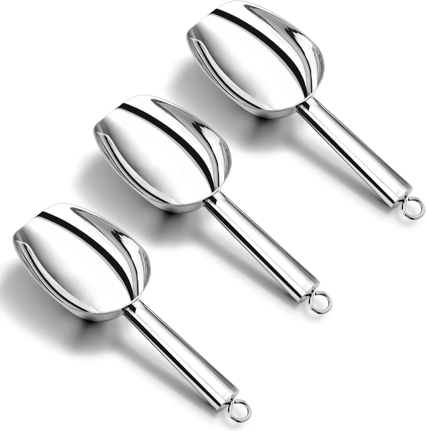 P&P CHEF Canister Scoop Set of 3, Ice Candy Scoop, Stainless Steel Multipurpose Food Scooper for Buffet Jar Freezer, Mirror Finish & Dishwasher Safe, Silver, 3+3+3 Oz