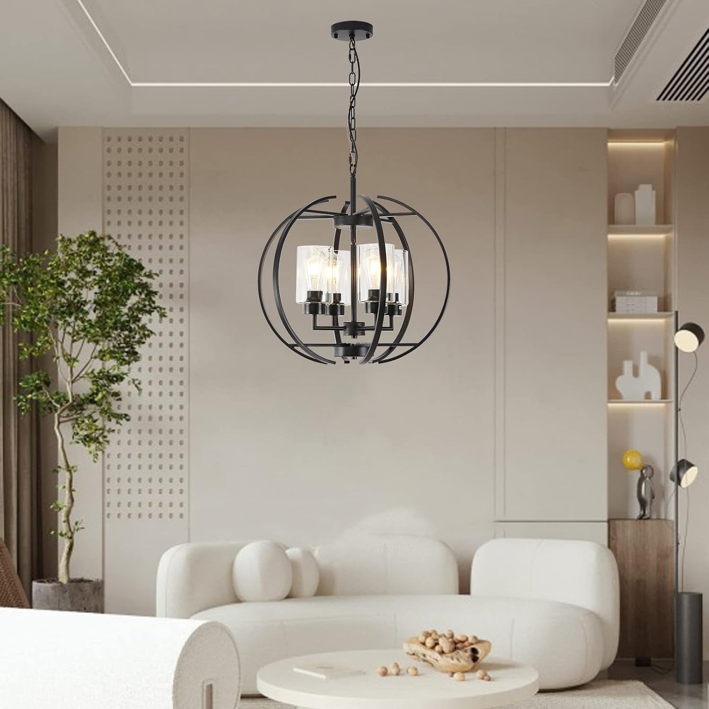 Black Chandelier Lighting with Clear Glass for Dining Room, Farmhouse Hanging Lighting, 4 Lights Globe Ceiling Light Fixture