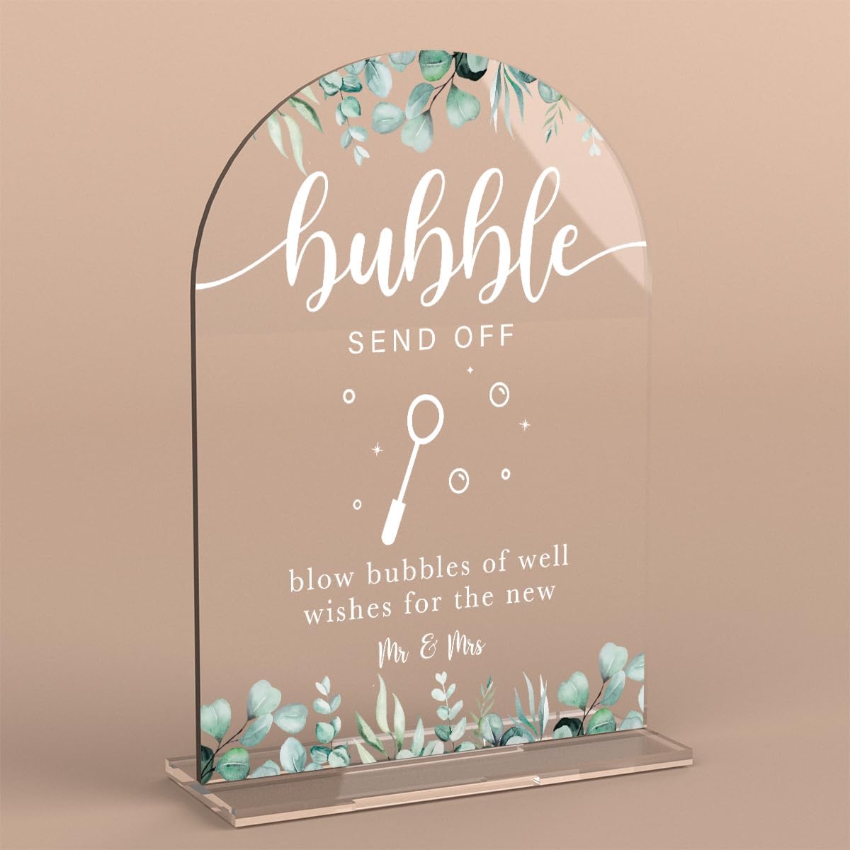 Acrylic Wedding Sign Bubble Send Off Signs for Ceremony Modern Calligraphy Arch Acrylic Table Top Signs for Wedding Reception and Event Party Table Decor (Eucalyptus Leaves)