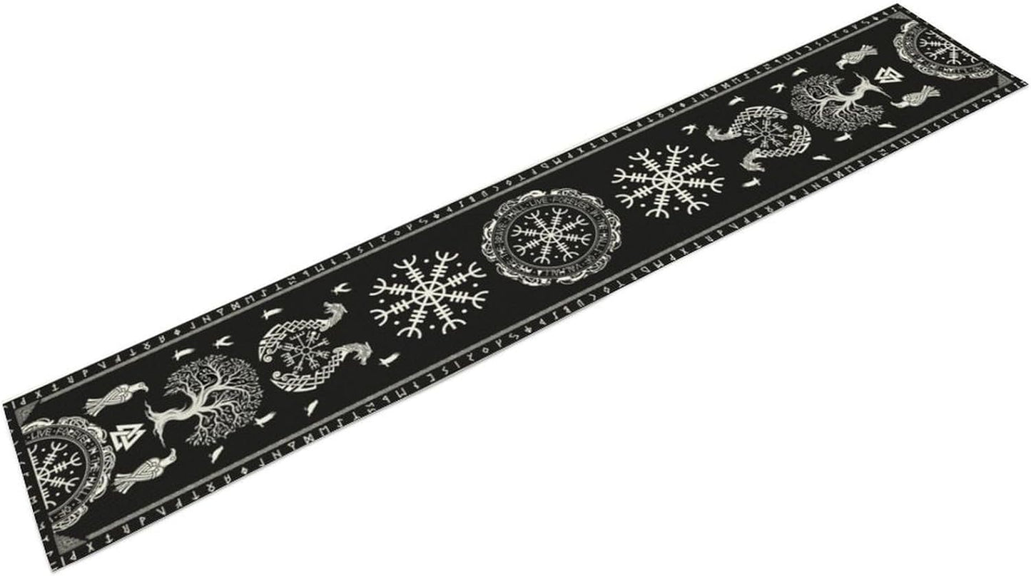 Ancient Abstract Pattern Table Runner, Tree of Life Eagle Dragon Boat Rudder Black and White Table Runner 13x60 Inch