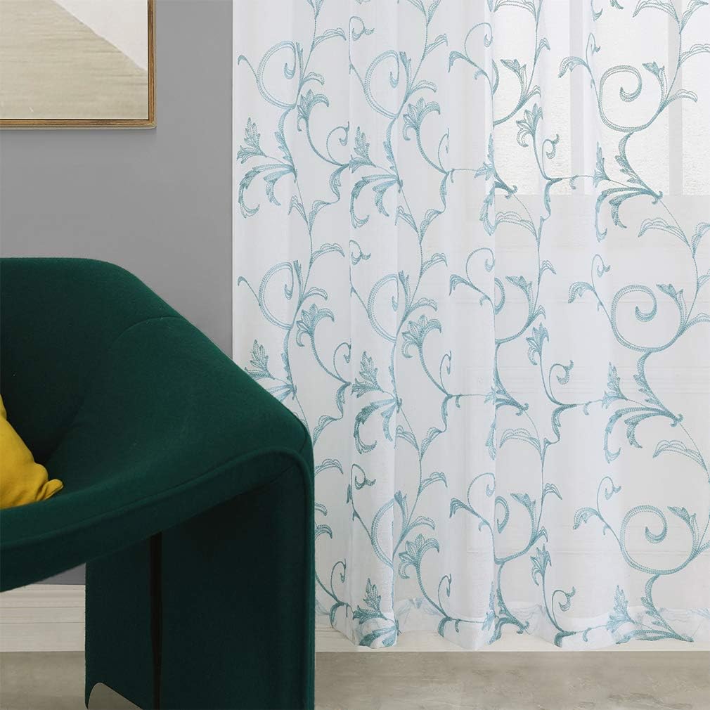 Embroidery Blue Sheer Curtains 84 Inches Long, Rod Pocket Sheer Drapes for Living room, Bedroom, 2 Panels, 52"x84", Vintage Semi Crinkle Voile Window Treatments for Yard, Patio, Villa, Parlor.