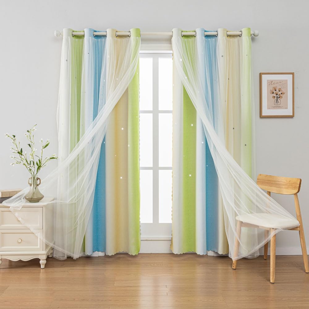 FANLI Ombre Rainbow Blackout Curtains for Kid Girls Bedroom Living Room Darking Stripe Double Layer Star Cut Out Wall Home Decor Gradient Grommet Window Curtains （Blue Green 52Wx72L）