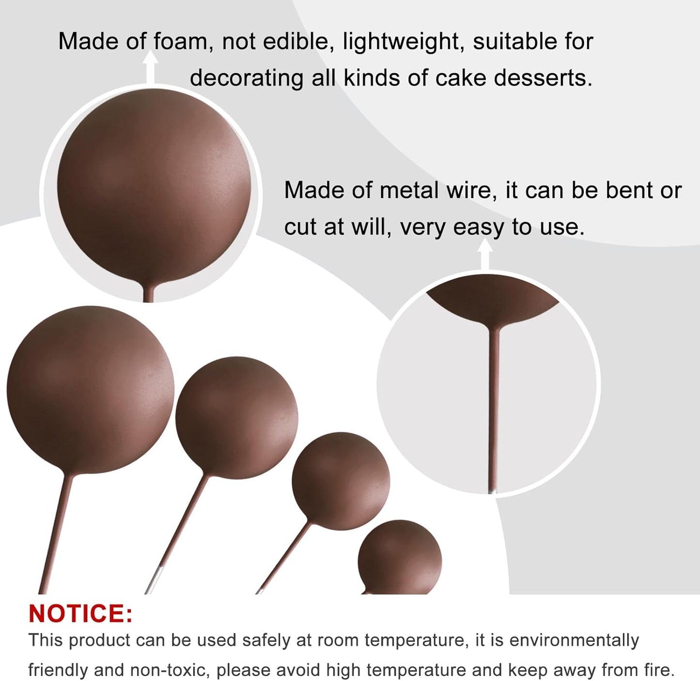 ASTARON 20 Pcs Ball Cake Topper Decorations Mini Balloons Cake Topper Sticks Brown Balls Cake Picks Cake Topper Balls Cake Decorations for Wedding Birthday Cake Decorations